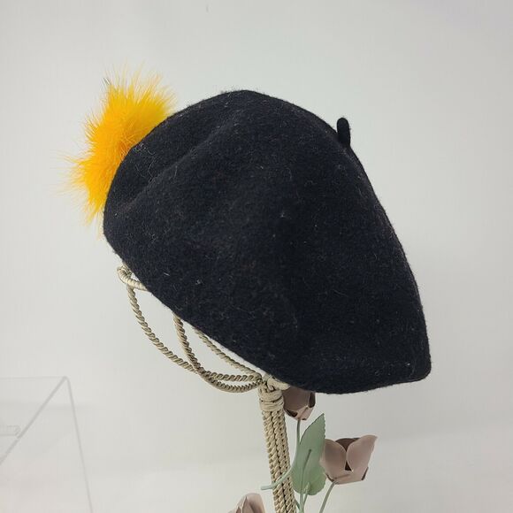 Vintage Yellow Feather Womens Black 100% Wool Basque Beret Christina NYC Artsy main image 5